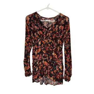 Maurices Womens Small Floral Smocked Babydoll Top V-Neck Long Sleeve Boho Blouse